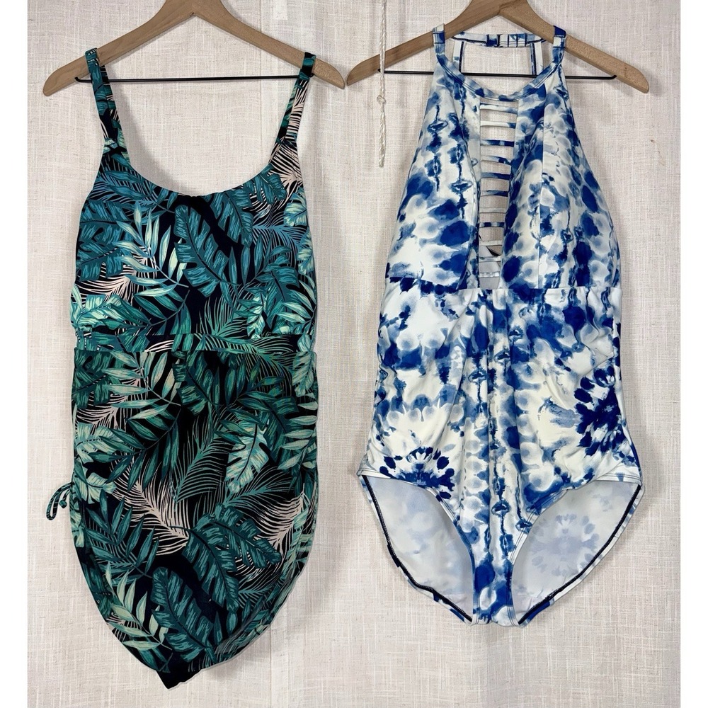 Cacique Swimsuit Lot of 2‎ Size 22 Blue Tie Dye Floral One Piece No Wire Swim